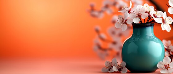 Wall Mural -  A blue vase, brimming with white blooms, sits atop a pink tablecloth Nearby, a single branch displays more white flowers