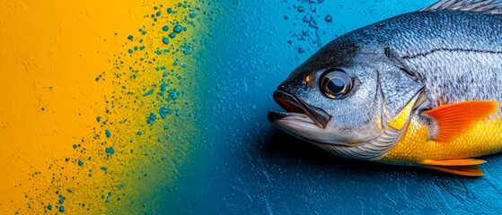 Wall Mural -  A tight shot of a fish against a backdrop of blue, yellow, and green waters, speckled with water droplets