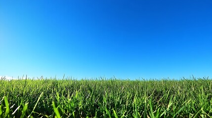 Early Morning Serene Meadow with Vast Blue Sky and Fresh Green Grass