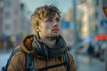 Wall Mural - Young Man with Backpack Looking Up in the City