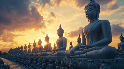 Wall Mural - Many Statue buddha image at sunset in southen of Thailand , ai