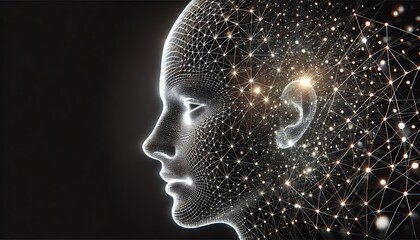 A futuristic, digital-themed image featuring the side profile of a human face made of glowing wireframe mesh