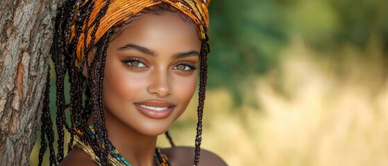 Canvas Print -  A woman with braids smiles at a tree in this close-up shot