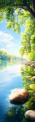 Wall Mural - Tranquil River Scene with a Single Rock.