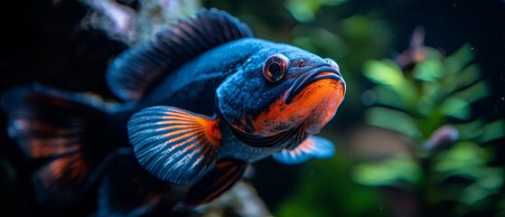 Wall Mural -  A tight shot of a blue-orange fish against aquarium glass, surrounded by water in the foreground Background features lush plant life