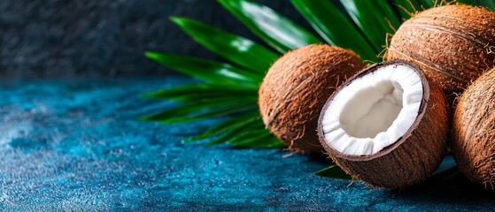  Two coconuts resting side by side on a blue surface, accompanied by a green palm leaf