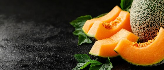 Wall Mural -  A cantaloupe halved, placed on a table, garnished with leafy greens