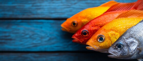 Wall Mural -  A cluster of fish aligned beside one another atop a blue wooden platform One fish gazes directly at the camera