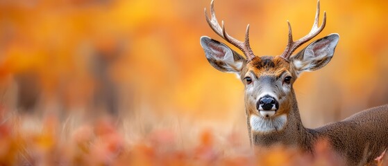 Wall Mural -  A deceaver with antlers against a hazy backdrop of leaves ..Or, for a more precise version:..A tight shot of a deer wearing