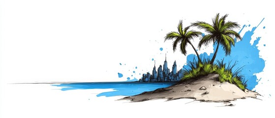 Wall Mural -  A small island depicted with a palm tree in the foreground and a blue sky dominating the background