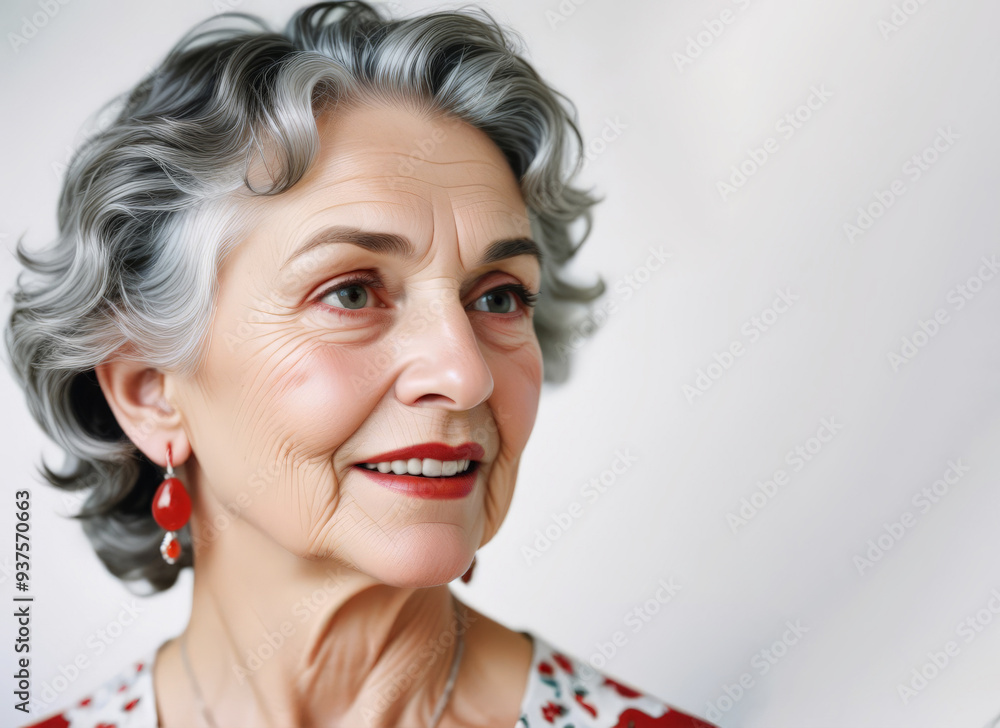 Portrait of a beautiful senior woman with grey hair and red lipstick ...