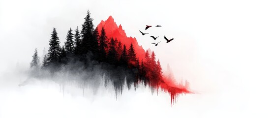 Poster - Mountain top with trees, birds flying, and sky