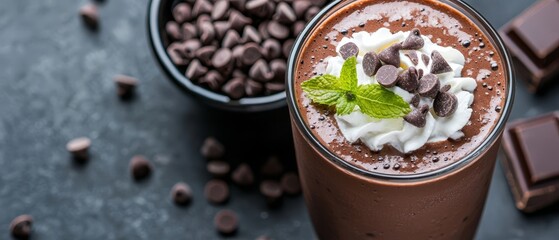 Canvas Print -  A glass of chocolate milkshake, garnished with mint and topped with chocolate chips, sits on a black table Nearby, a bowl of extra chocolate chips is presented