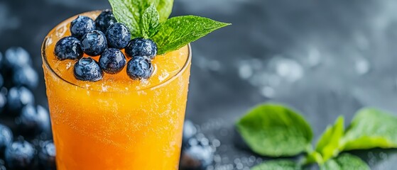 Wall Mural -  A tight shot of an orange juice glass edged with blueberries and verdant leaves