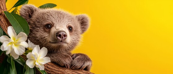  A brown bear perched on a tree branch against a backdrop of yellow and white blooms