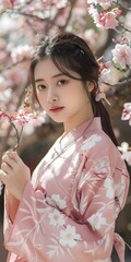 Wall Mural - Asian Woman Wearing Pink Kimono with Cherry Blossoms in Background