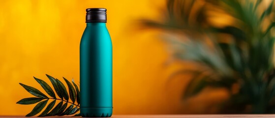 Wall Mural -  A blue water bottle atop a wooden table, near a potted plant against a yellow wall