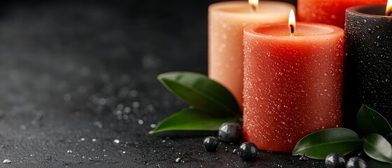 Sticker -  Three candles aligned on a black table, surrounded by leaves and berries