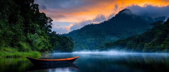 Canvas Print -  A boat floats on a tranquil lake, surrounded by a lush, green forest, and nestled under a vibrant, cloud-specked sky