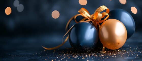 Sticker -  A dark backdrop holds a cluster of golden-blue eggs, adorned with a golden ribbon Soft lights glimmer behind