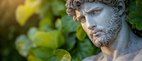 Wall Mural -  A tight shot of a bearded statuesque man against a verdant backdrop, with a bush in the foreground