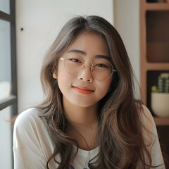 Wall Mural - Young Asian Woman with Glasses Smiling