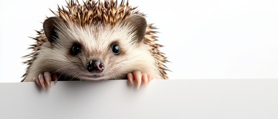 Wall Mural -  A hedgehog in close-up, eyes peering from over a white sign's edge, paw lightly touching the blank surface