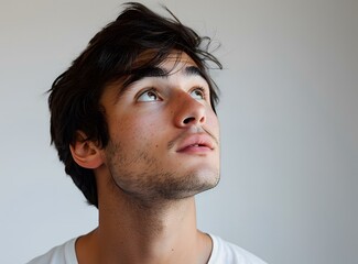 Wall Mural - Young Man Looking Up with Hope and Wonder