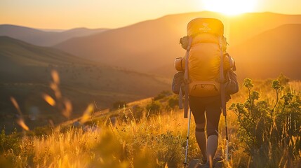 Poster - Backpacker Walking on Trail During Sunset