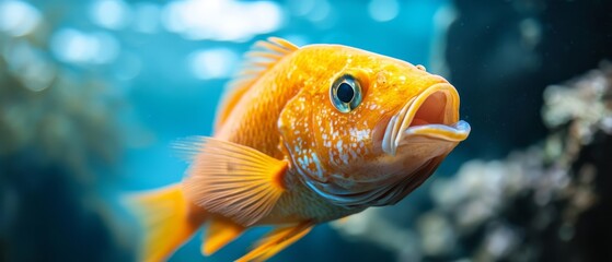 Poster -  A tight shot of a fish in an aquarium, gaze fixed on the camera, displaying a shocked expression