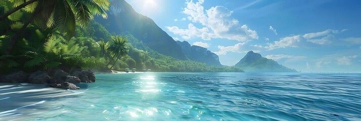 Wall Mural - A serene tropical landscape with clear waters, lush greenery, and distant mountains.