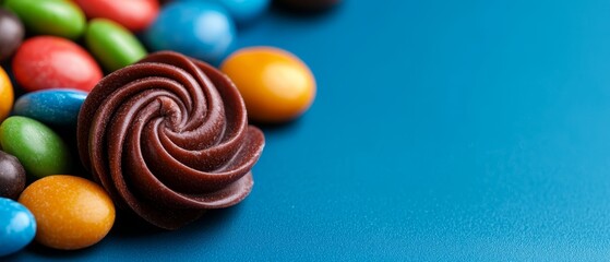 Poster -  A tight shot of various candies against a blue background, one candy forming a spiral shape