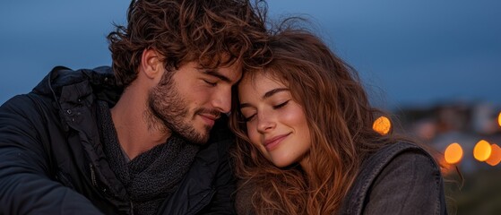  A tight shot of two people embracing, with softly focused bokeh lights in the background creating a blurred effect