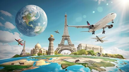 Poster - A vibrant illustration showcasing famous landmarks and airplanes against a backdrop of Earth, symbolizing global travel.