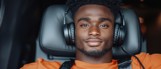 Canvas Print -  A man in the car's back seat, headphones covering his ears