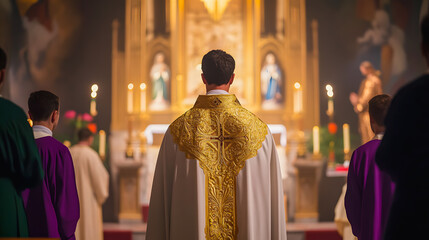 A priest celebrating mass in a church in front of the altar with other priests, dressed in a chasuble - an ornamental outer garment worn by the priest to celebrate holy mass.