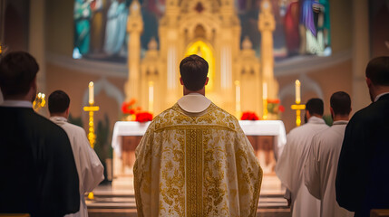 A priest celebrating mass in a church in front of the altar with other priests, dressed in a chasuble - an ornamental outer garment worn by the priest to celebrate holy mass.