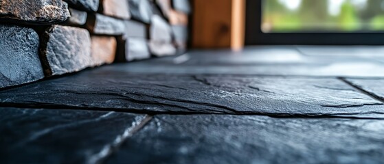 Wall Mural -  A tight shot of a black slate floor In the distance, a window is framed against a backdrop A black stone wall lies near, occupying the foreground