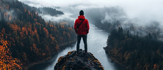 Wall Mural -  A man in a red jacket stands atop a cliff, overlooking a river in a valley Surrounding the scene are trees