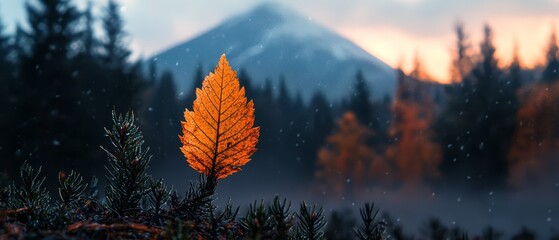 Wall Mural -  A solitary orange leaf lies in the foreground against a backdrop of a snowy landscape, dotted with trees and a towering mountain