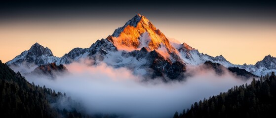 Wall Mural -  A towering mountain, heavily veiled by clouds in its front, bears a sparse canopy of trees