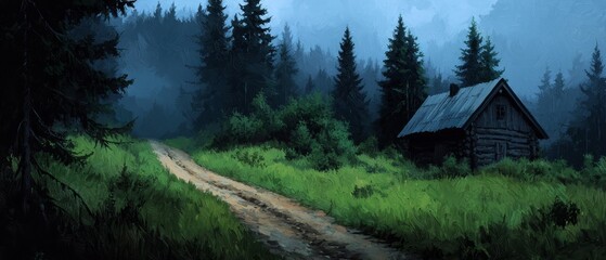 Wall Mural -  A cabin sits amidst the forest, surrounded by trees A dirt path leads to it from the front