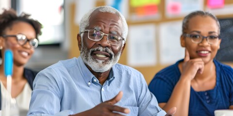 Wall Mural - Smiling Senior Man Leading a Conversation with Two Attentive People