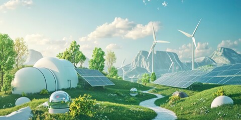 Green renewable energy. Solar, wind, hydrogen power. Futuristic landscape environmentally friendly equipment