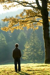 Poster - Man Standing Alone in a Forest Underneath an Autumn Tree