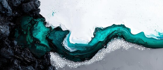 Poster -  An aerial perspective of a teal-painted body of water, accented with white and black