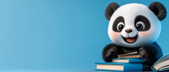 Poster -  A panda sitting atop a book pile, holding a book before its face