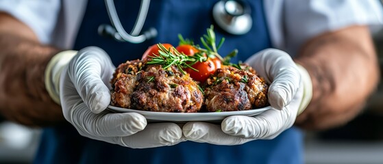 Canvas Print -  A tight shot of a hand holding a plate laden with tomatoes and meat patties