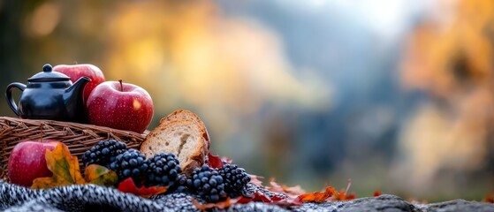 Wall Mural -  A table, its surface adorned with a woven basket brimming with ripe fruit, sits atop an arrangement of autumnal leaves Atop the table rests a te