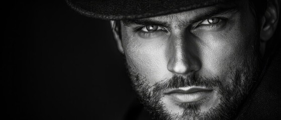 Canvas Print -  A monochrome image of a bearded man in a hat, gazing intently at the camera with a grave expression